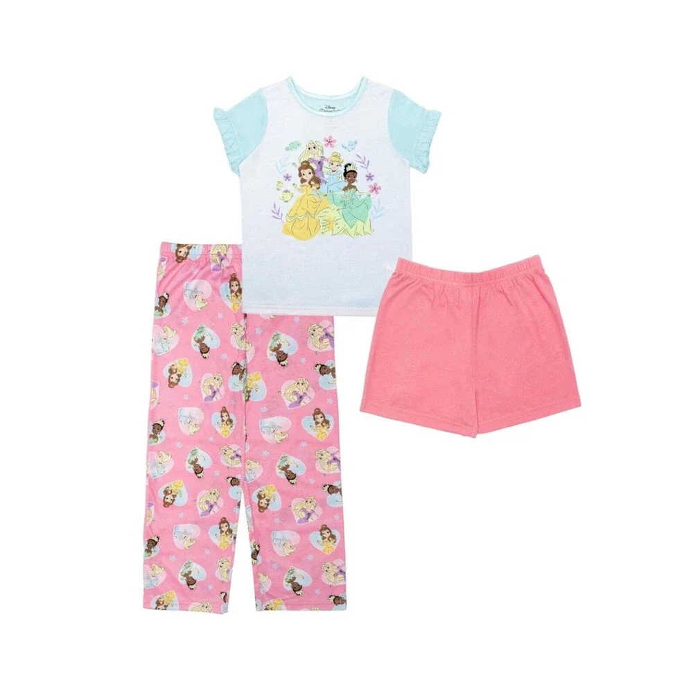 Disney Princess Little Girls Shorts, T-shirt and Pajama, 3 Pieces Set Assorted 4
